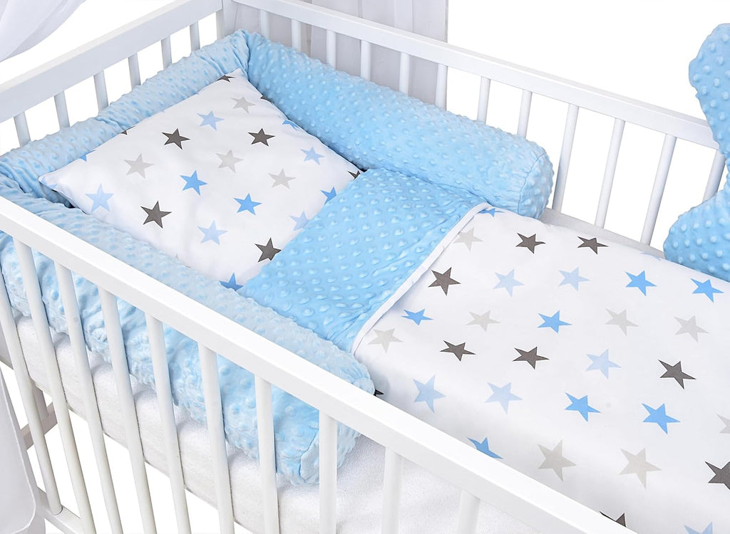 Set completo de cuna Baby Delux, cama casita de 60x120 cm, color blanco, con cajón, barrera anticaídas, colchón, ropa de cama y set de decoración (Prince Stars)