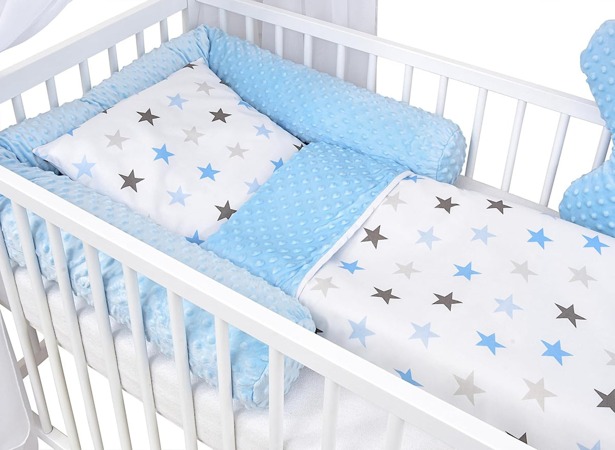 Set completo de cuna Baby Delux, cama casita de 60x120 cm, color blanco, con cajón, barrera anticaídas, colchón, ropa de cama y set de decoración (Prince Stars)