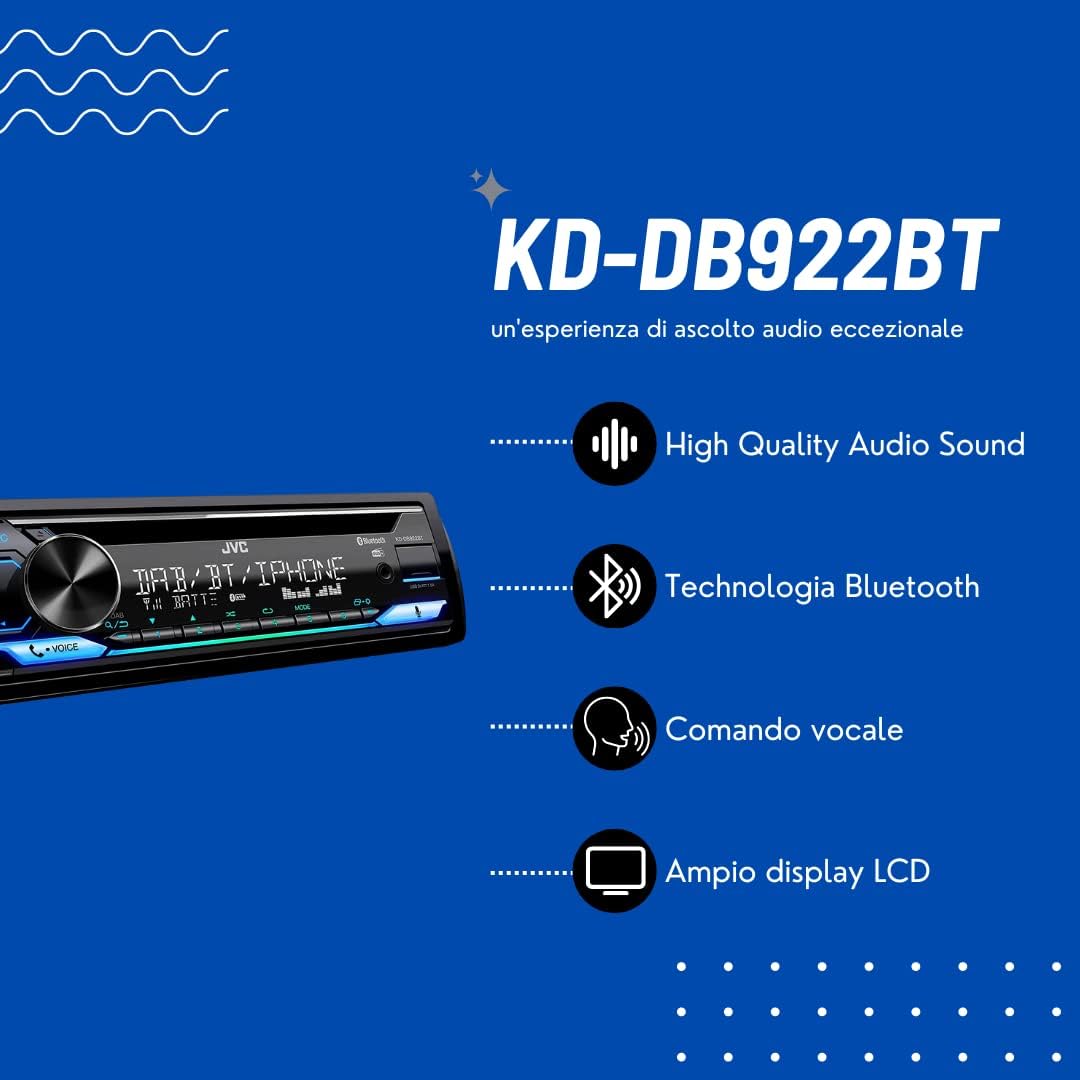 Autorradio JVC CD, USB, iPod, Bluetooth, DAB+, KD-DB922BT Negro