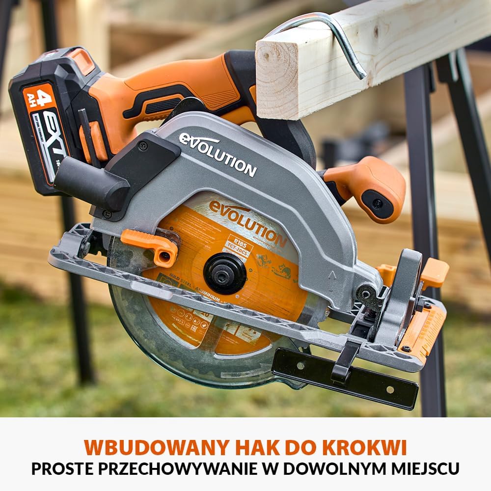 Evolution Power Tools R185CCS-Li Pilarka tarczowa akumulatorowa bezszczotkowa 18 V Li-Ion z tarczą do wielu materiałów, do cięcia drewna, metalu, plastiku, z prowadnicą, bez akumulatora, 185 mm
