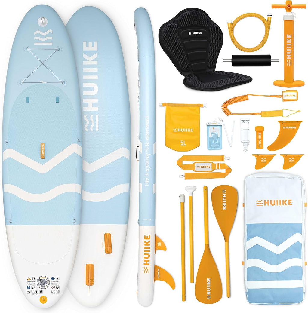 Tabla de Stand Up Paddle HUIIKE con accesorios, remo, aletas, correa, bomba y mochila. Tabla de SUP inflable de gran estabilidad y resistencia. Convertible en kayak, 305-365 cm, soporta 130-170 kg.
