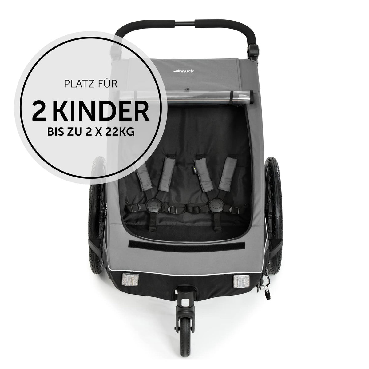 hauck Remolque de bicicleta y cochecito Dryk Duo Plus con suspensión, para 2 niños (6-48 meses), incluye barra de tiro, rueda de cochecito, bandera y luz LED, plegable, altura ajustable, maletero XL (verde oscuro)