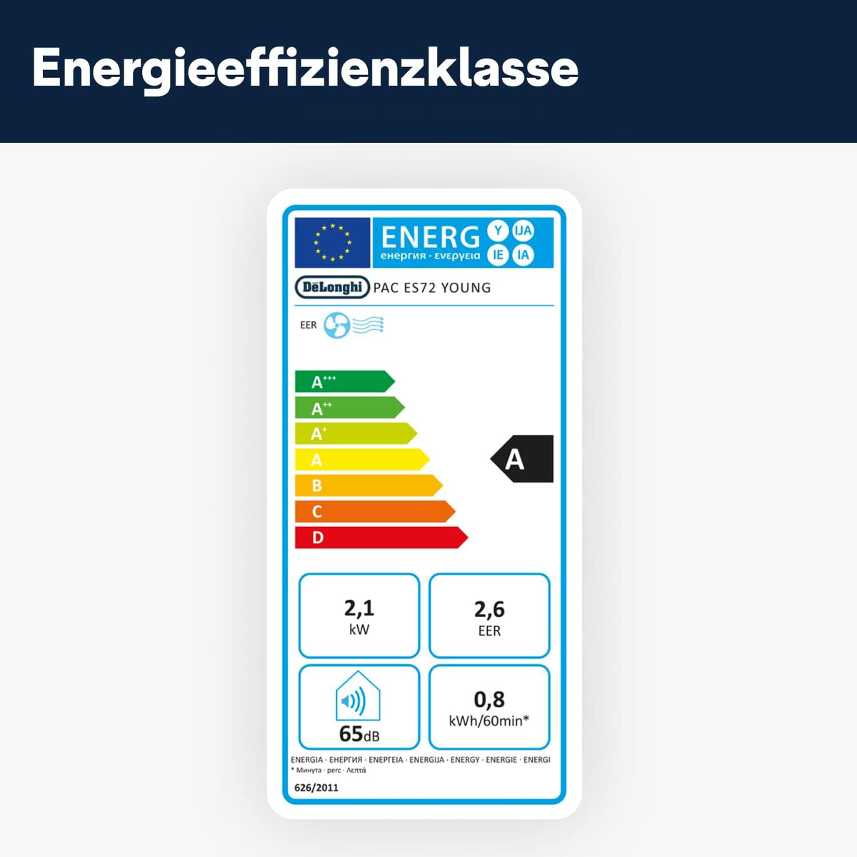 De'Longhi Pinguino PAC EM82, aire acondicionado portátil para habitaciones de hasta 80 m³, 9.400 BTU, 2,4 kW, 63 dB, función de deshumidificación, clase energética A, temporizador 24 h, blanco