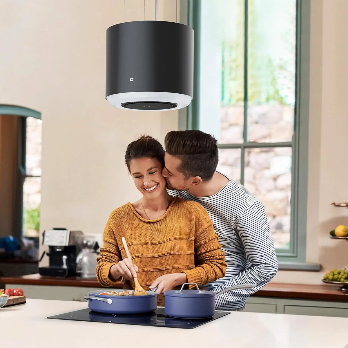 Ciarra CBCB4838 A+ okap wyspowy, wolnowiszący, 550 m³/h, z aplikacją Smart Wi-Fi, 4-stopniowy Booster, okap kuchenny, wyspa, żyrandol, wyspa kuchenna, kolor czarny