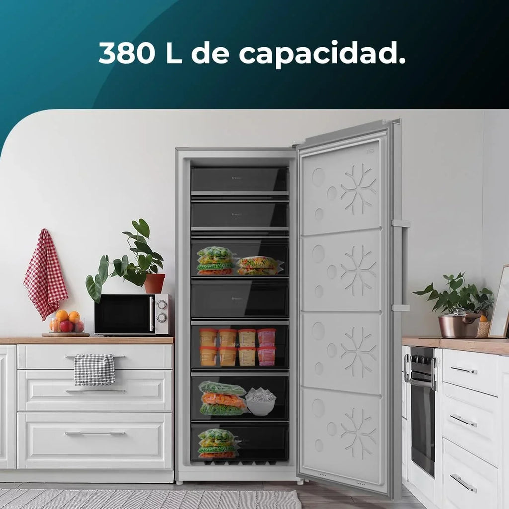 Congelador vertical Cecotec de 380L Bolero CoolMarket UF 380 inox D. 1950W, motor Inverter Plus, bajo consumo, Total No Frost, pantalla en la puerta, convertible a frigorífico, Multi Airflow