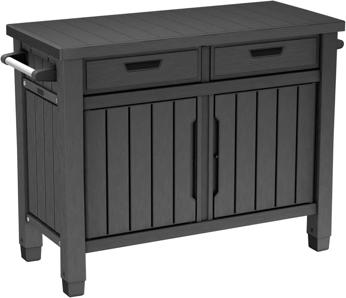 Mesa auxiliar para parrilla de exterior 22634 con 2 cajones, aspecto de madera, resina sintética, espacio de almacenamiento, 124 cm, para jardín y zona de barbacoa