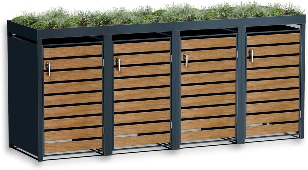 Cubrecontenedores Metzler para 4 cubos de 240L en antracita y efecto madera con techo ajardinado y franjas decorativas, cerramiento para 4 cubos con tapa automática, caseta para basura de acero inoxidable con recubrimiento en polvo, con cerradura