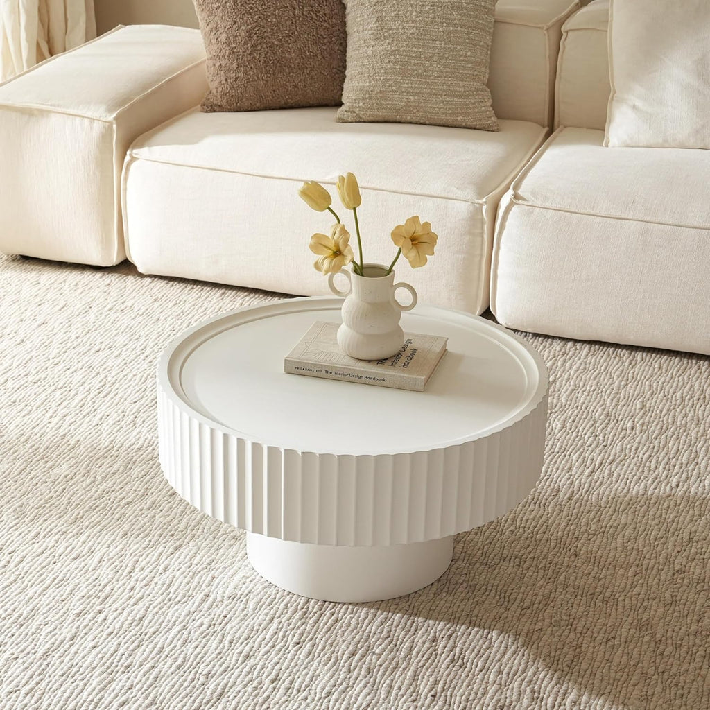 Mesa de centro redonda de madera, mesa de salón redonda con diseño acanalado, mesa de café en forma de seta de φ70×38 cm, mesa de centro redonda blanca de madera de pino para salón, habitación y balcón