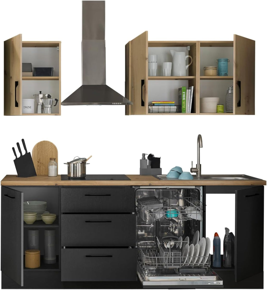 Stella Trading Turin ZB Cocina compacta 220 x 211 x 60 cm, negro - Sin electrodomésticos - Cocina moderna y espaciosa con aspecto de roble Artisan y gran capacidad de almacenamiento