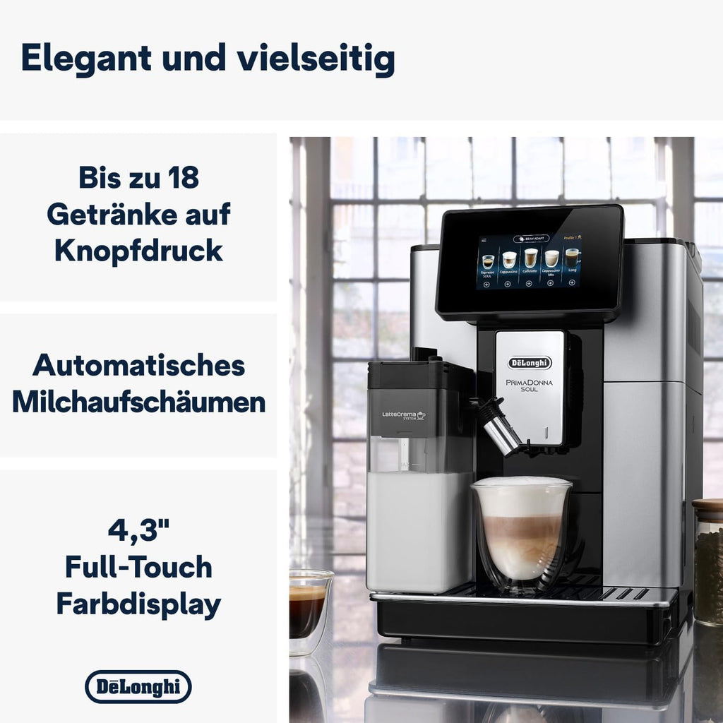 Cafetera superautomática De'Longhi PrimaDonna Soul Perfetto ECAM 612.55.SB con sistema de leche LatteCrema y tecnología Bean Adapt, 18 recetas, pantalla a color, control por aplicación, plateado/negro