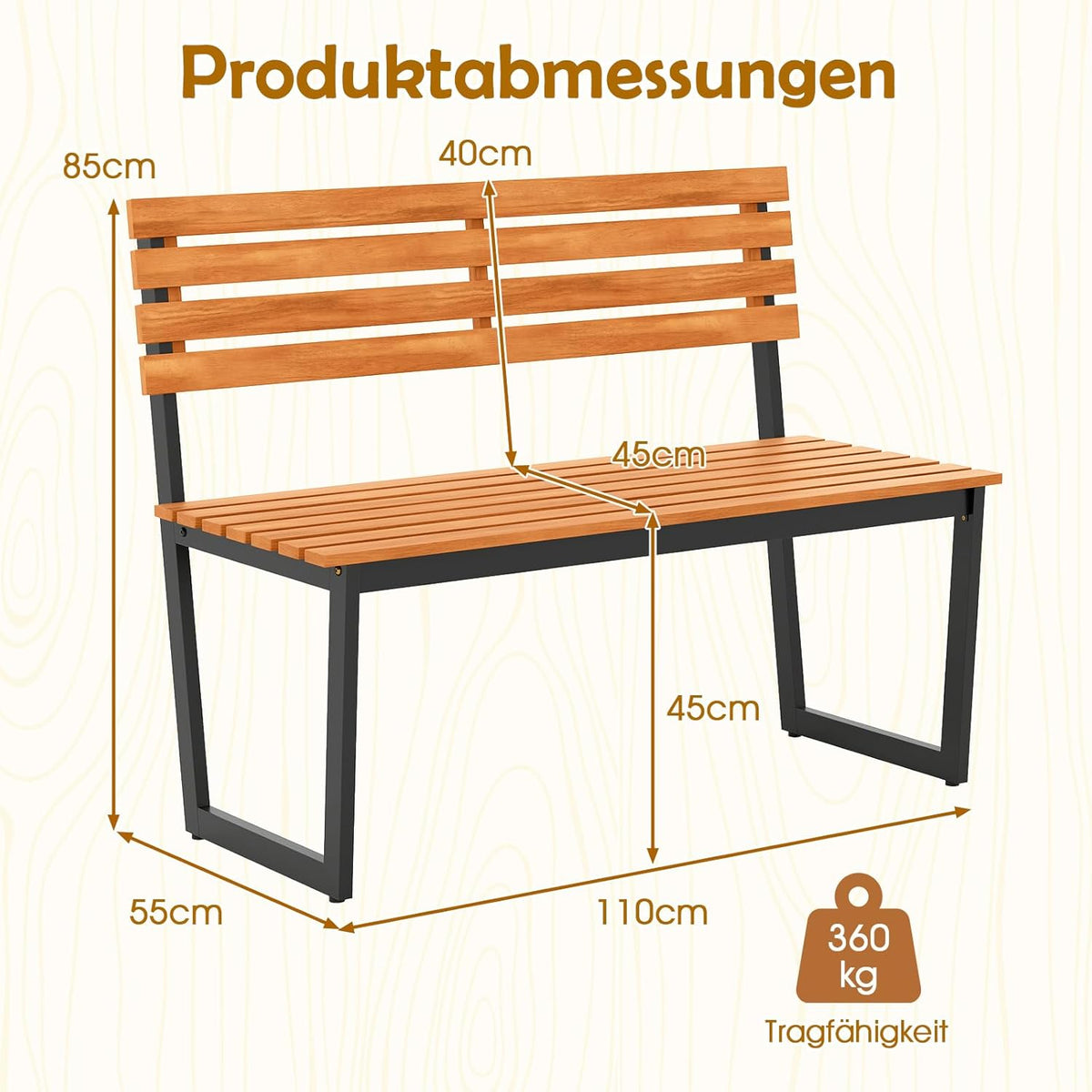 COSTWAY Gartenbank Holz, Holzbank wetterfest, 2-Sitzer Sitzbank aus Akazienholz, Balkonbank mit Metallrahmen, Terrassenbank bis 360 kg belastbar, Parkbank für Garten, Balkon, Terrasse