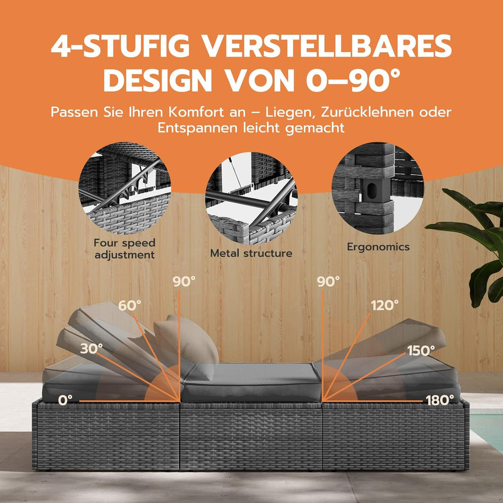 Tumbona doble Amopatio para 2 personas con mesa plegable, resistente a la intemperie, capacidad de carga de 200 kg, 200x160x30 cm, tumbona de jardín XXL de ratán, chaise longue ajustable para jardín, balcón y terraza, gris