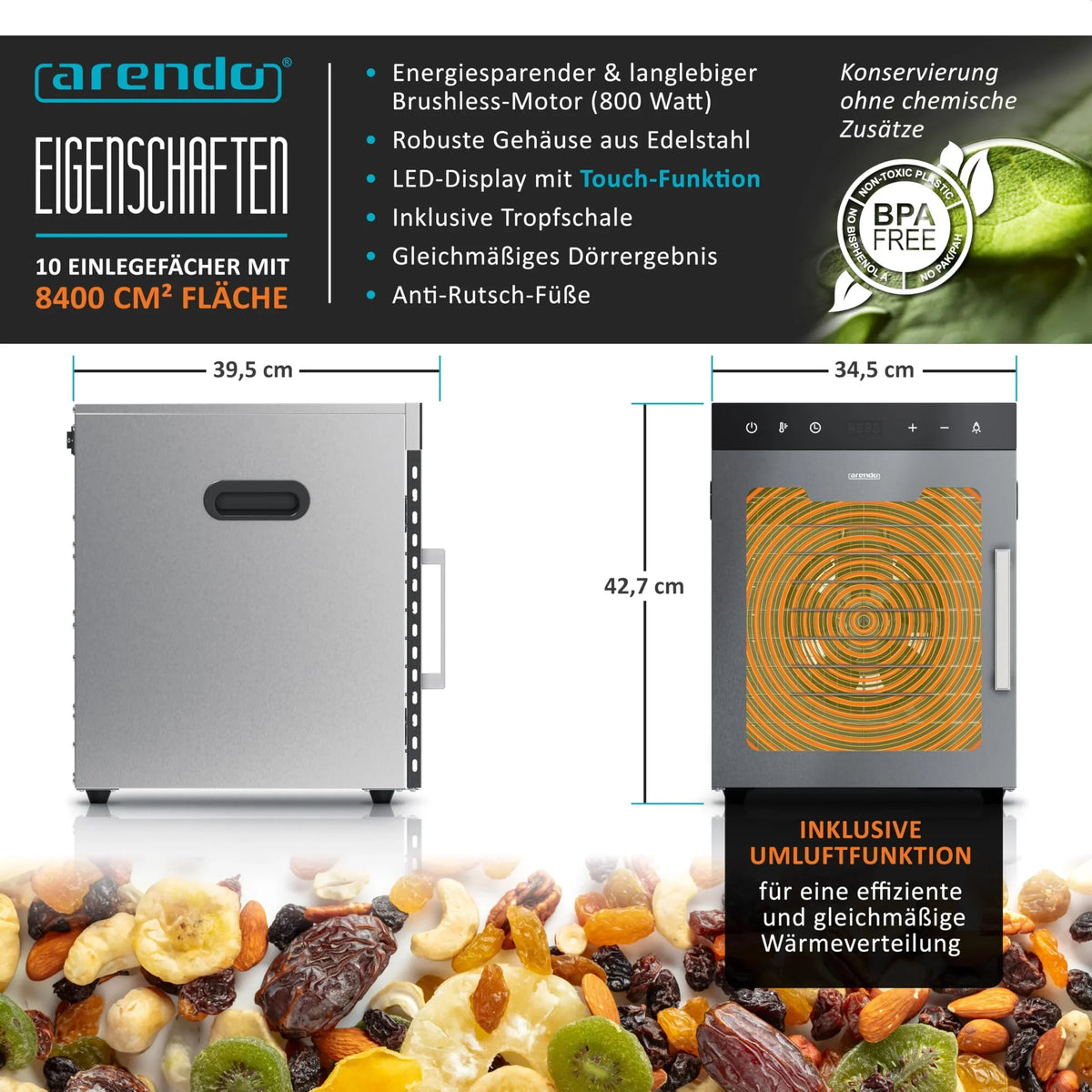 Deshidratador de alimentos de acero inoxidable Arendo, 10 rejillas de acero inoxidable, 800 W, 35-85 °C, 8400 cm², para fruta, carne, setas y mucho más.