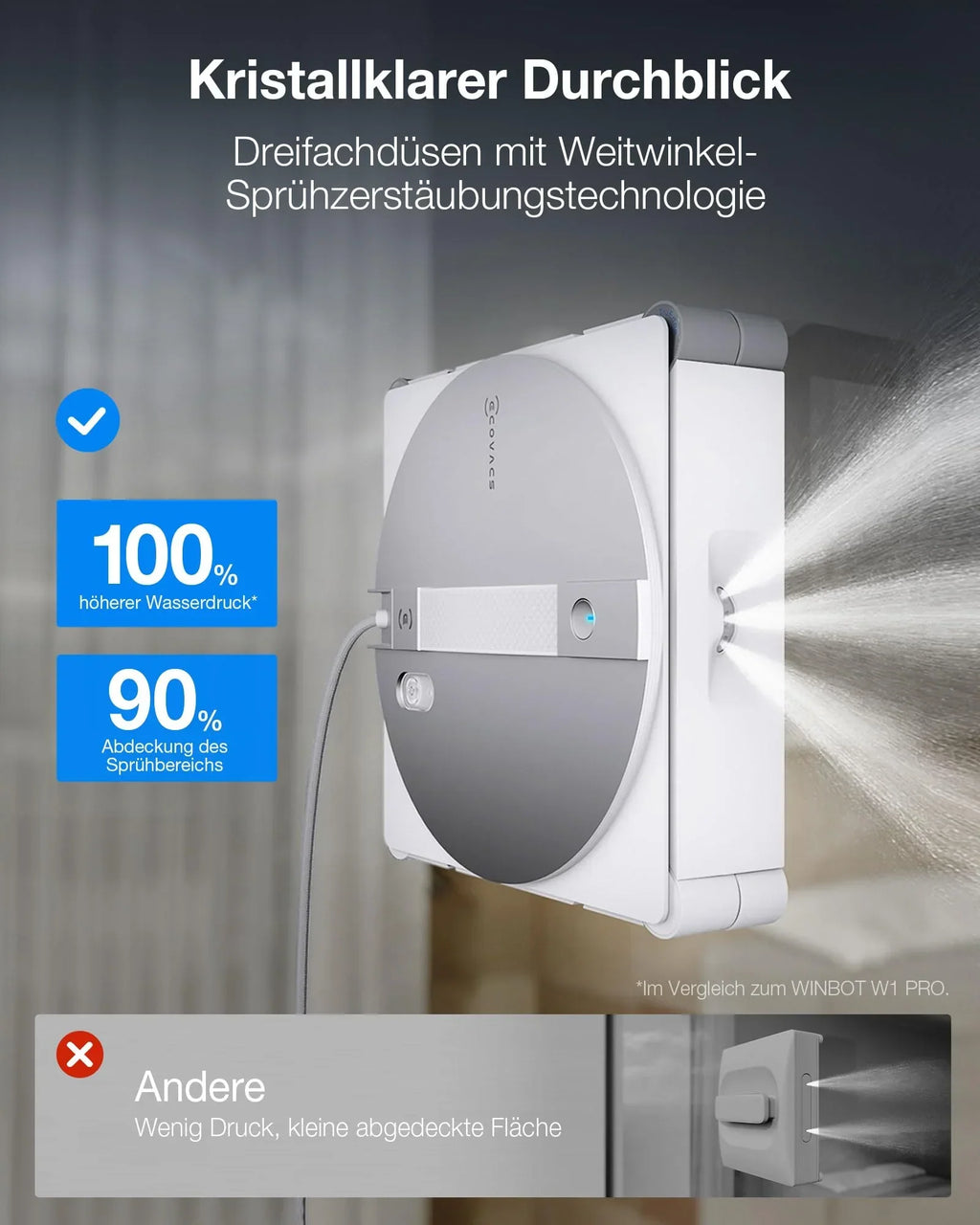 Robot limpiacristales W3 OMNI para vidrio, succión de 800 N, función de pulverización de 3 boquillas, 350 ml, control por app, autolimpieza de almohadillas, limpieza de bordes
