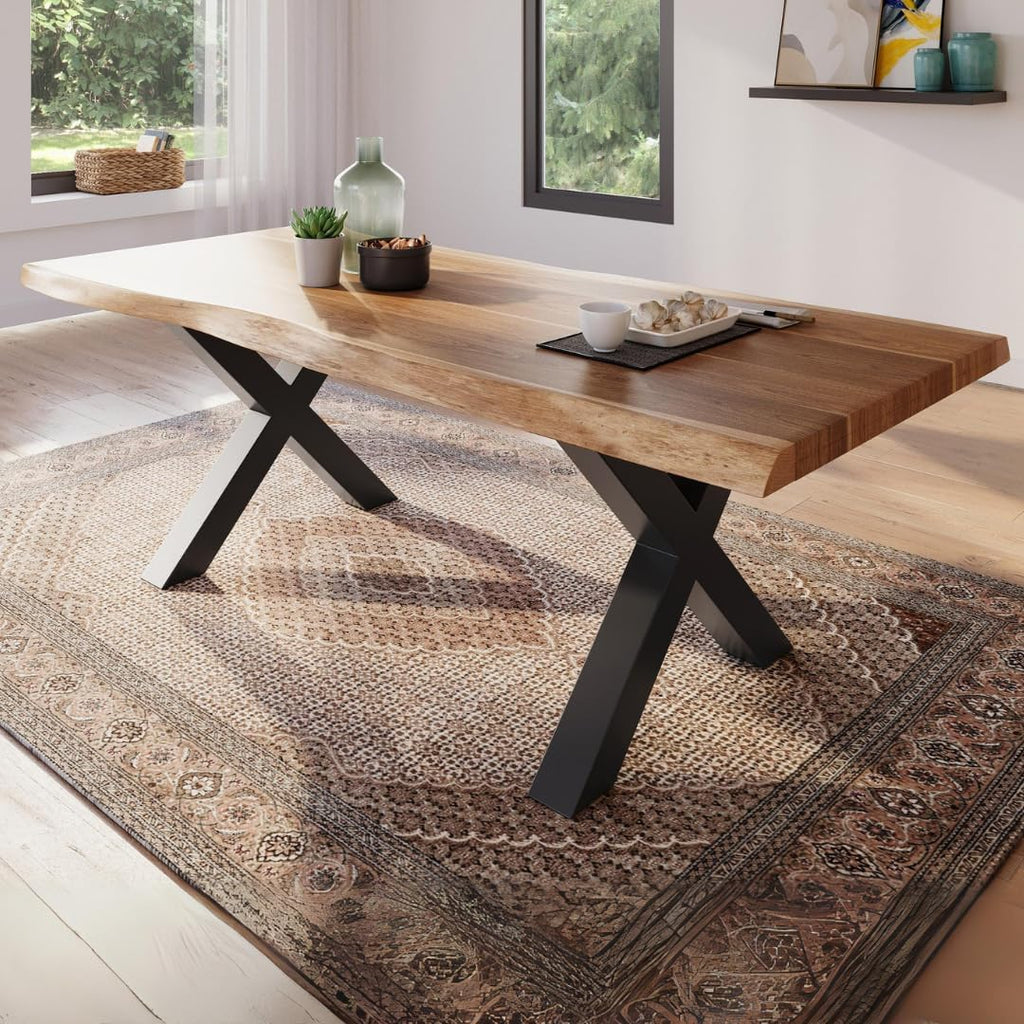 Mesa de comedor 200x100 cm, madera de acacia maciza, tablero color natural, borde de árbol auténtico, estructura en X negra, mesa con borde natural