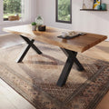 Mesa de comedor 200x100 cm, madera de acacia maciza, tablero color natural, borde de árbol auténtico, estructura en X negra, mesa con borde natural