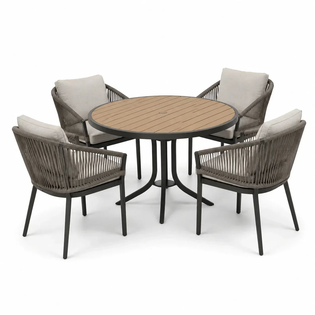 Conjunto de comedor de jardín de 5 piezas, mesa de aluminio con efecto madera de Ø120 cm en gris, con 4 sillas de cuerda y cojines beige