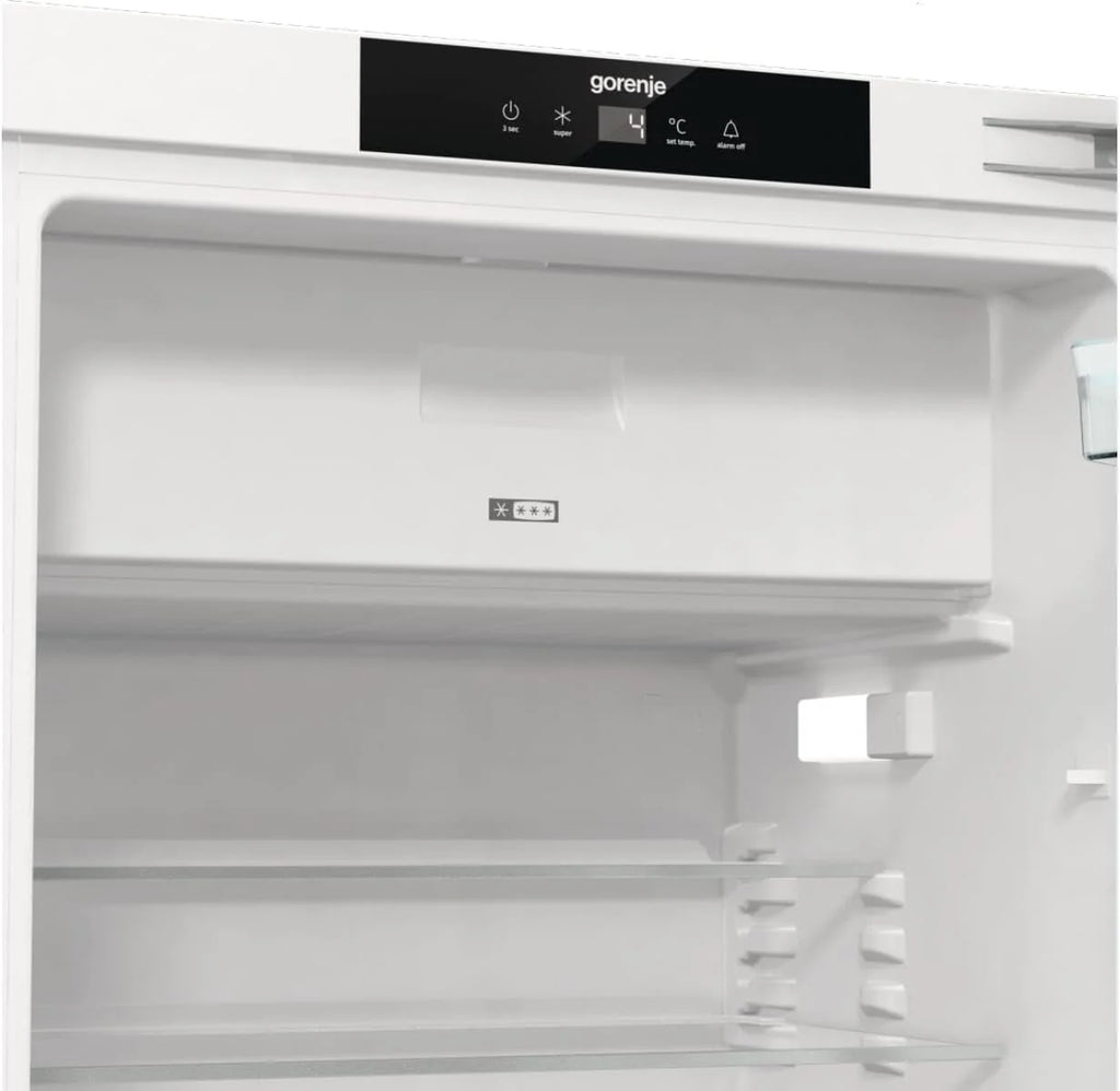 Gorenje RBIU609EA1 lodówka stołowa do zabudowy z zamrażarką/88 nisz/zawias drzwiowy/klasa efektywności energetycznej: E/121 litrów/technika drzwi stałych/SuperCool/wskaźnik temperatury/zawias drzwiowy