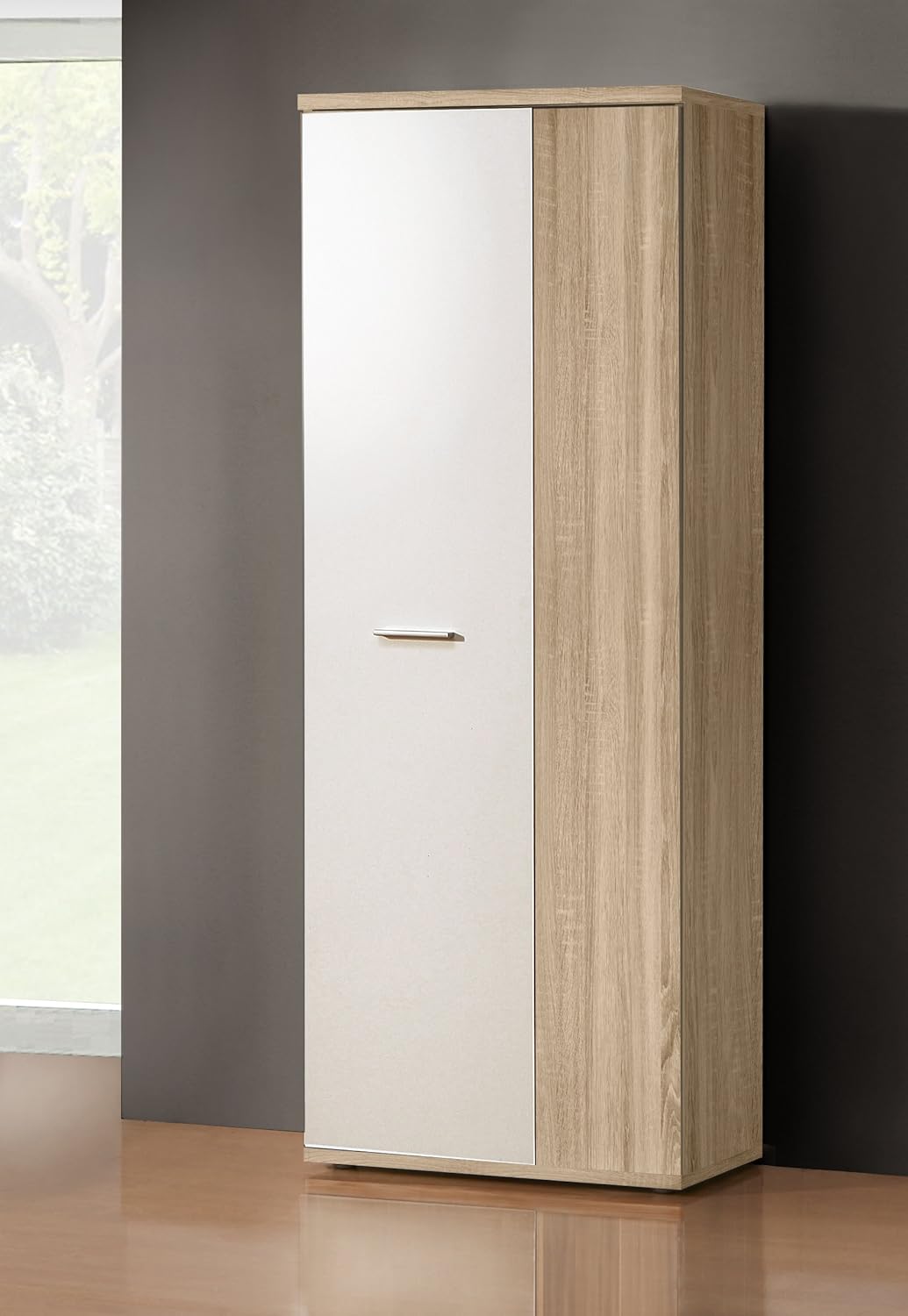 FORTE NET106 Armario 70 180, armario multiusos pequeño, armario para aspiradora, trastero, 2 puertas con estantes, blanco con decoración de madera: roble Sonoma, 69 cm de ancho x 179 cm de alto x 35 cm de profundidad