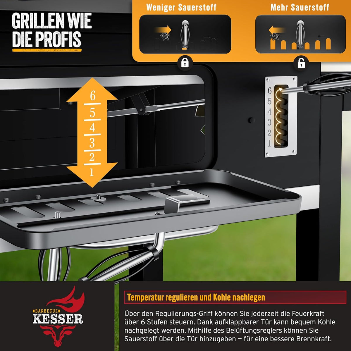 KESSER® Barbacoa de carbón XXL, carro de barbacoa con tapa y termómetro – gran carro de barbacoa de carbón, ahumador con chimenea y ventilación, con rejilla de cocción, rejilla de calentamiento y estante, incluye funda, cepillo y brocha