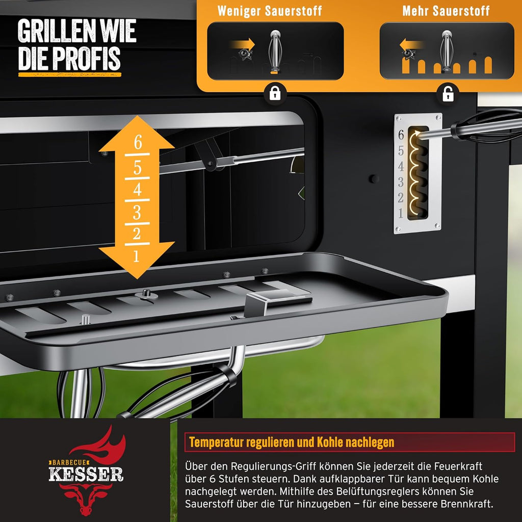 KESSER® Barbacoa de carbón XXL, carro de barbacoa con tapa y termómetro – gran carro de barbacoa de carbón, ahumador con chimenea y ventilación, con rejilla de cocción, rejilla de calentamiento y estante, incluye funda, cepillo y brocha
