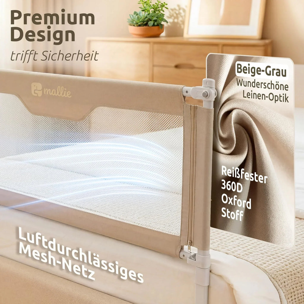 Barrera de cama 200x200 cm, set de 3 lados, MALLIEFIX 2.0, sistema de clic, altura ajustable, beige