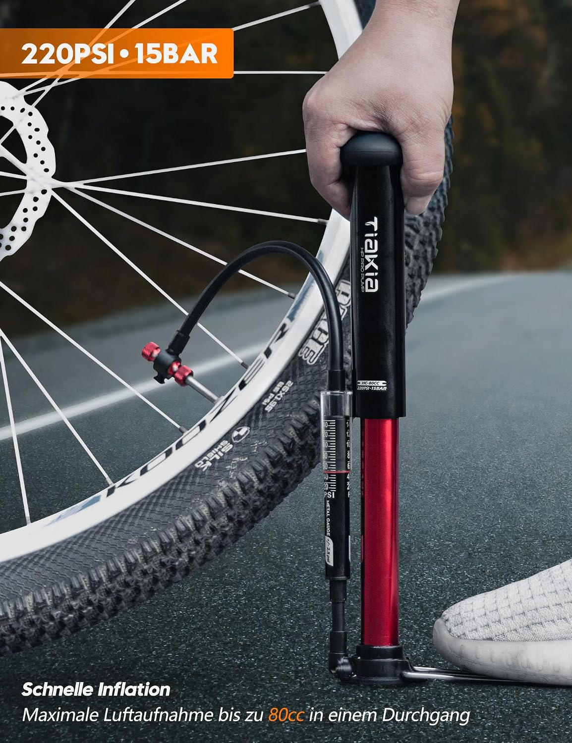 Bomba de pie para bicicleta con manómetro 220 PSI, minibomba de aire de aluminio compatible con válvulas Schrader, Presta y Dunlop, portátil