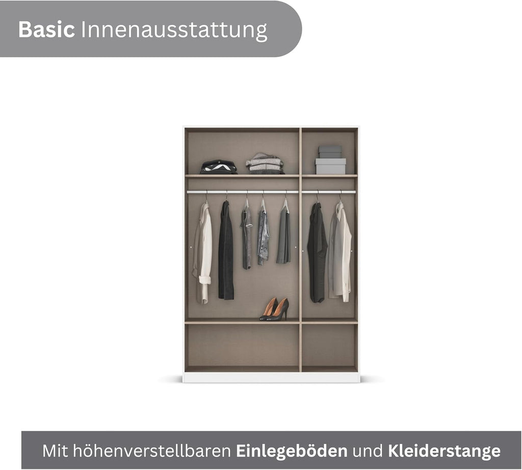 Rauch Möbel Lagoa, armario, ropero para dormitorio, habitación infantil, habitación juvenil de 3 puertas con espejo, 4 cajones, con accesorios Basic, color blanco, ancho 136 cm