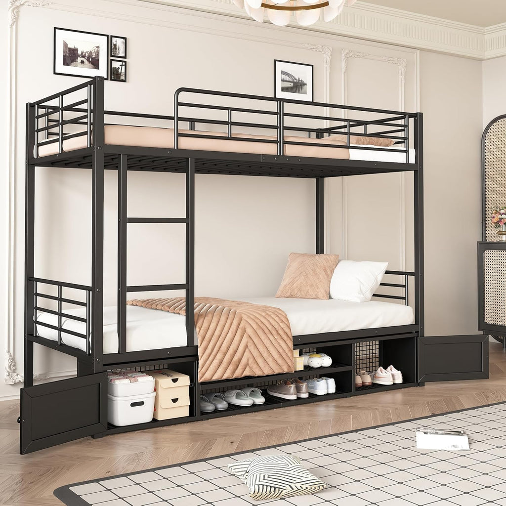 Litera cama infantil 90x200 cm, estructura de cama de metal con zapatero abierto y 2 armarios de almacenamiento con puertas, litera cama alta cama de hierro para niños, adolescentes y adultos, negro