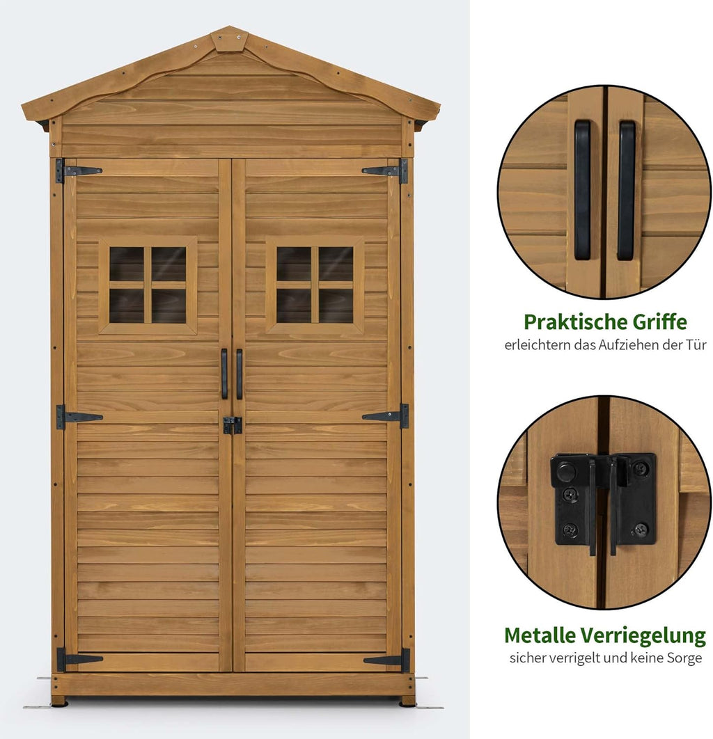 Armario de jardín MCombo, caseta de madera resistente a la intemperie, armario para herramientas de exterior, para jardín y terraza, cobertizo con 2 estantes móviles, 57×109×180 cm, 1152 (natural)