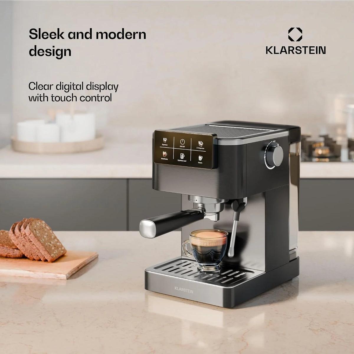 Klarstein SteelPresso Touch Ekspres kolbowy – 20 barów, 1350 W, Stal nierdzewna, Zbiornik 1,5 l, Wyświetlacz dotykowy, Zintegrowany spieniacz do mleka, Kompaktowy design, Ekspres do kawy