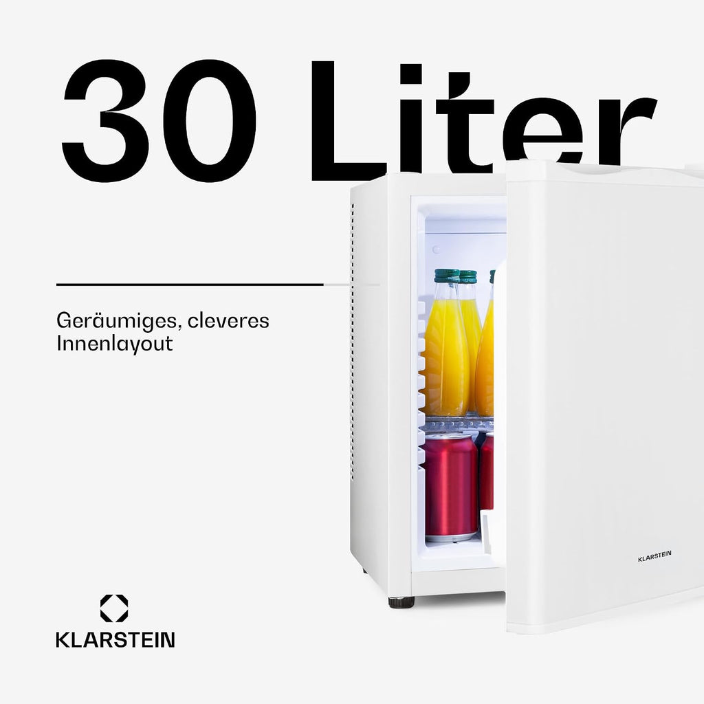 Mini refrigerador Klarstein para habitaciones, mininevera de 30 L para bebidas y cosméticos, minibar pequeño, refrigerador pequeño y silencioso, estantes ajustables, pequeño refrigerador para cuidado de la piel 5-15 °C