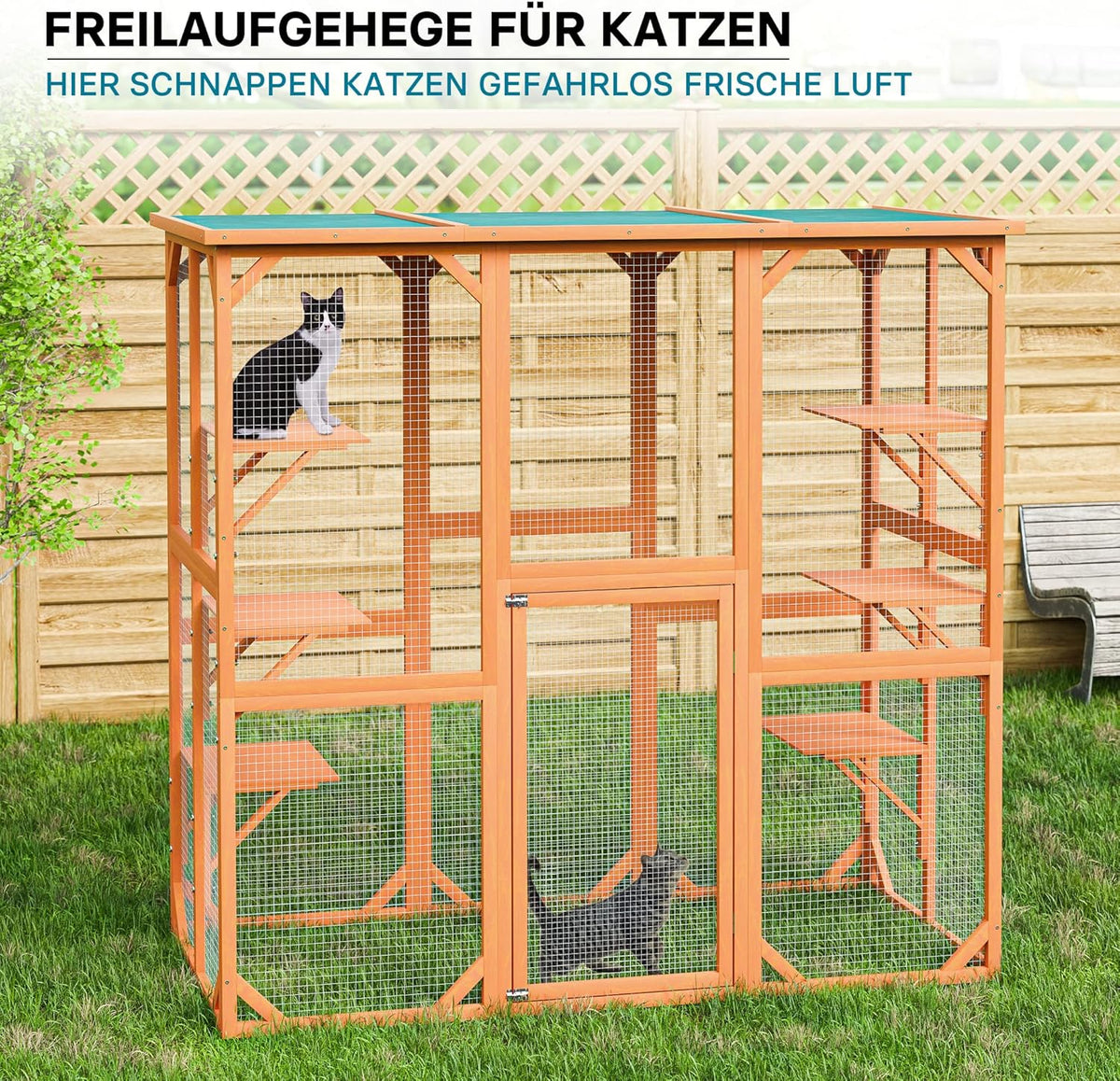 Recinto exterior para gatos Wiltec 168 x 82 x 166,5 cm con 6 superficies de descanso, recinto para gatos resistente a la intemperie para jardín, caseta para gatos con malla de alambre y techo de betún