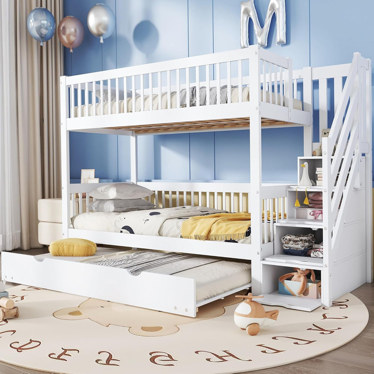 Cama litera infantil Rtopsu 90x200 cm con cama extraíble, cama alta con escalera y estantería de almacenamiento, cama casita con somier de madera y protección anticaída para 2-3 niños, blanco, sin colchón