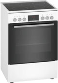 Cocina eléctrica de libre instalación Bosch Serie 4 HKR39C250, 60 cm de ancho, asistente de limpieza EcoClean Direct, aire caliente 3D para hornear en 3 niveles, control por pantalla LED, zona de cocción ampliable para recipientes grandes