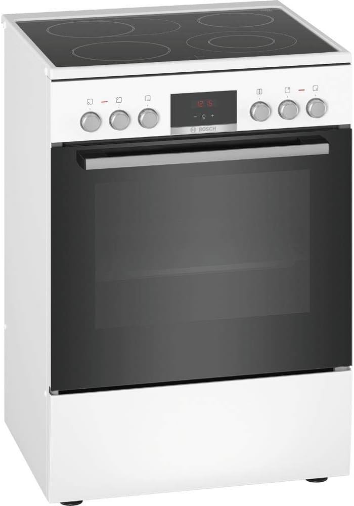 Cocina eléctrica de libre instalación Bosch Serie 4 HKR39C250, 60 cm de ancho, asistente de limpieza EcoClean Direct, aire caliente 3D para hornear en 3 niveles, control por pantalla LED, zona de cocción ampliable para recipientes grandes
