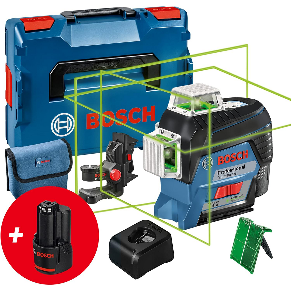 Bosch Professional 12V System Láser de líneas GLL 3-80 CG, receptor LR 7 (haz rojo y verde, 2 pilas de 1,5 V AAA, alcance: 5-50 m, funda protectora)