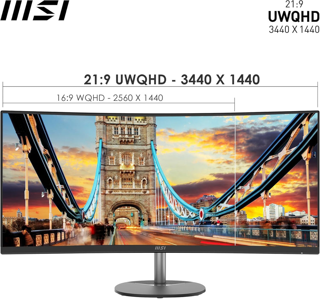 Monitor de oficina curvo MSI Pro MP341CQ de 34" UWQHD - Panel VA 1500R, 3440x1440, 100Hz, Confort ocular, sRGB 116%, HDR Ready, Altavoces integrados, Inclinación ajustable - HDMI, DisplayPort