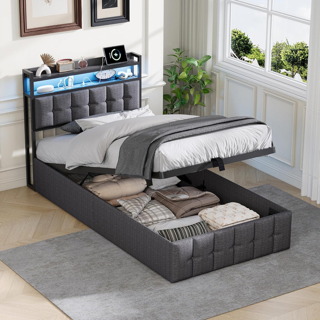 Marco de cama 90x200, cama boxspring con LED, cama individual con almacenamiento, cama tapizada hidráulica con almacenamiento, cama funcional, cama juvenil con USB, cama tapizada para 1 persona (gris + lino)