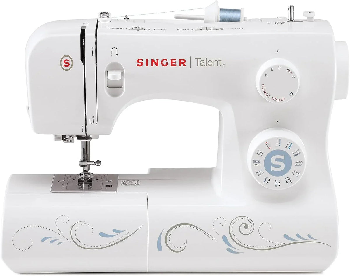 Máquina de coser mecánica Singer Talent 3323 - 30 puntadas utilitarias, ojal totalmente automático en un paso, zigzag hasta 6 mm, enhebrado automático, máquina de coser profesional, blanco