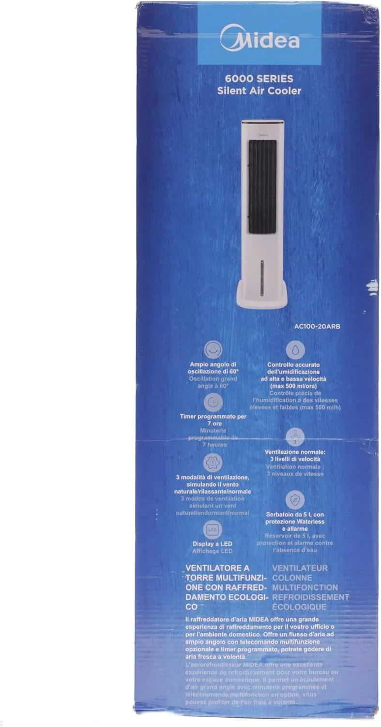 Enfriador de aire Midea con refrigeración por agua, aire acondicionado portátil, ventilador con depósito de 5 L, humidificador e ionizador, aire acondicionado sin tubo de escape, 355 m³/h, ventilador con mando a distancia, 55 W, blanco