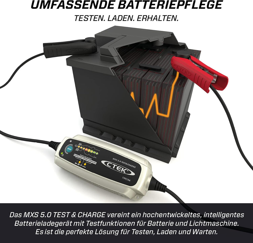 CTEK MXS 5.0 Test & Charge, cargador de batería de 12 V, mantenedor de batería, cargador para coche y camión, prueba la batería y el alternador, programa de desulfatación y modo de reacondicionamiento