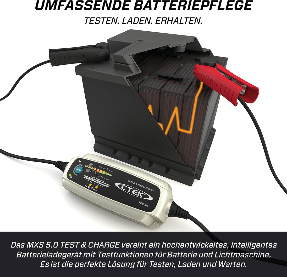 CTEK MXS 5.0 Test & Charge, cargador de batería de 12 V, mantenedor de batería, cargador para coche y camión, prueba la batería y el alternador, programa de desulfatación y modo de reacondicionamiento