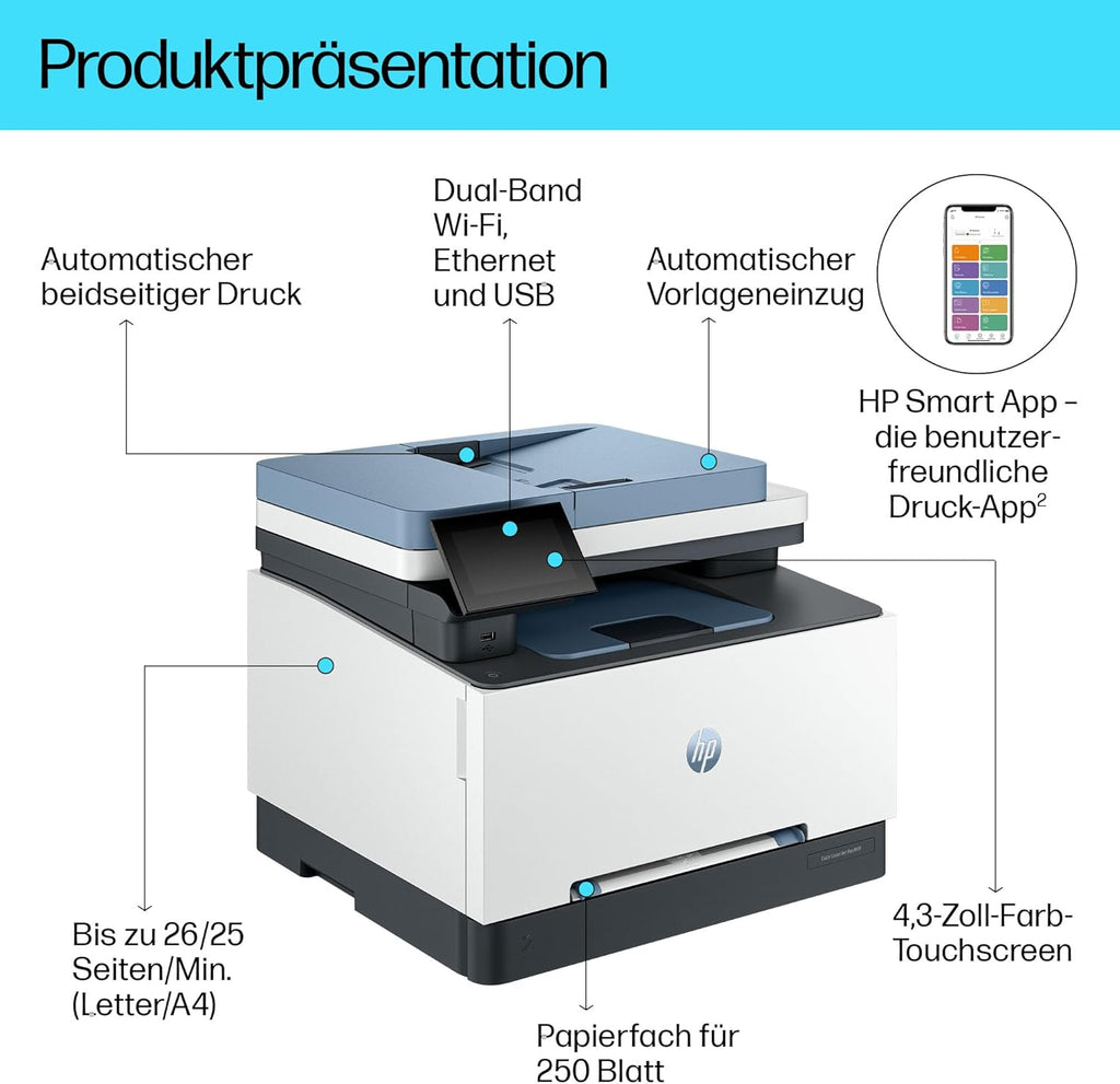 Impresora multifunción láser a color HP Color LaserJet Pro MFP 3302fdwg, fax, impresión automática a doble cara, pantalla táctil, Wi-Fi, Ethernet, USB, HP Wolf Pro Security