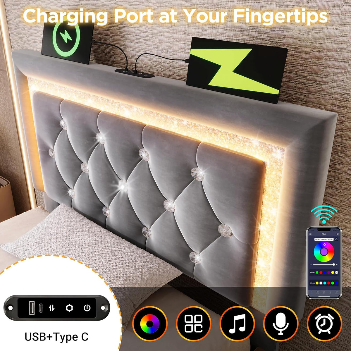 Cama tapizada individual 90x200cm con cabecero LED, estación de carga USB y tipo C, canapé hidráulico con espacio de almacenamiento, cama juvenil moderna con somier, terciopelo (gris, 90x2 00cm)