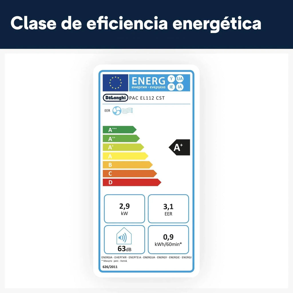 Pingüino PACEL112 Silent, aire acondicionado portátil silencioso con tecnología Eco Real Feel y Cool Surround, función deshumidificadora, 2.9 kW, 63 dB, plástico, negro, clase A, hasta 110 m³