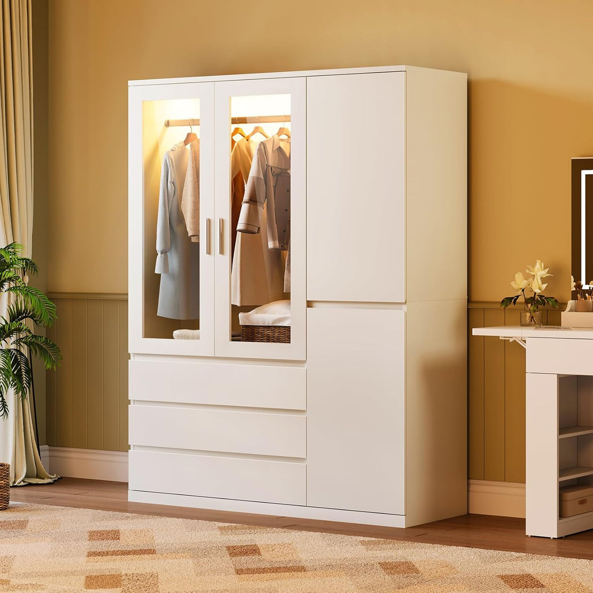 Armario de cuatro puertas Dripex, ropero minimalista con una barra para colgar ropa y 3 cajones | 120 x 48 x 180 cm | Blanco, armario para dormitorio