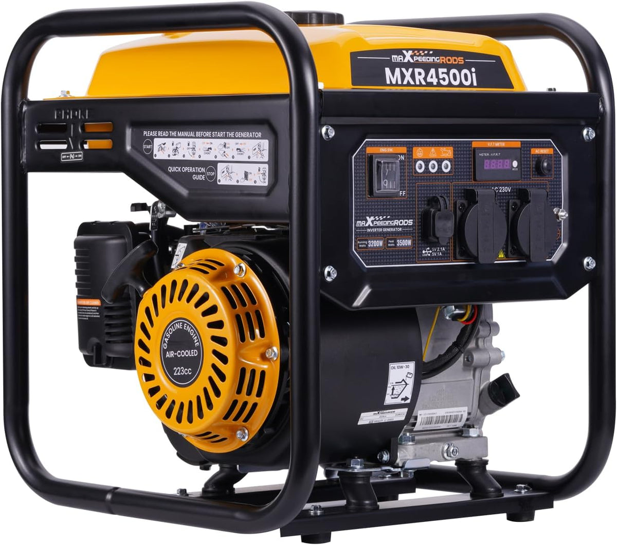 maXpeedingrods Generador de gasolina de 4 tiempos de 3500 W con 2 tomas de 230 V y USB, generador ligero y silencioso, fuente de alimentación de respaldo para garaje, taller, camping y hogar, 26 kg de peso