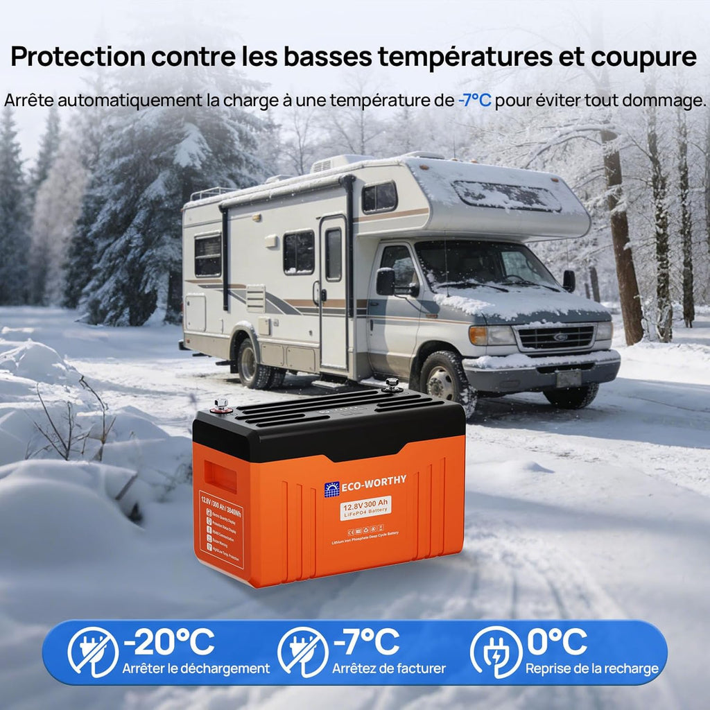 Batería de litio ECO-WORTHY 12V 300Ah LiFePO4 con Bluetooth y pantalla, batería LiFePO4 con BMS de 200A, protección de baja temperatura y máx. 15000 ciclos, 3840Wh 12V para autocaravana, panel solar