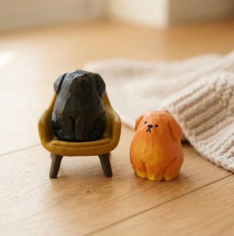 Adornos de madera tallados a mano de gatos y perros, decoración rústica para el hogar estilo bohemio de granja para escritorio